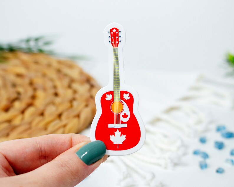 Canada Guitar Glossy Sticker 1.26 x 3 inch, for laptop, water bottle image 1