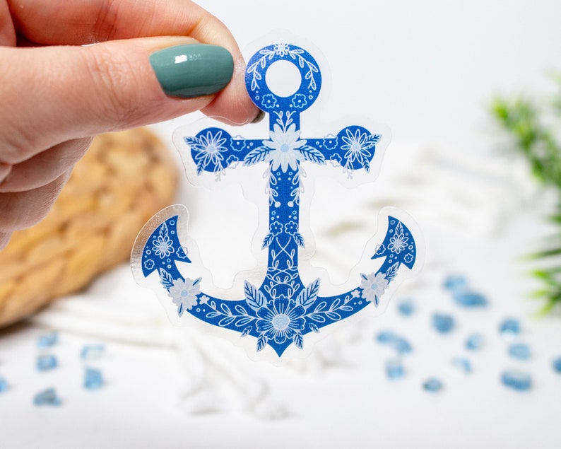 Clear Anchor Blue Floral Sticker 2,6 x 3 Nautische sticker, fles water, laptop sticker afbeelding 1