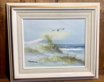 1970’s Artist Signed Coastal Oil Painting - Framed 14.5x12.5 Beach Dune Seagull