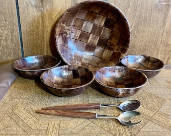 Ensemble de saladier en bois des années 1970 avec ustensiles de service