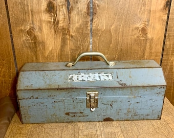 Retro Metal Tool Box With Old Tools, Top Handles, Gray, Steel