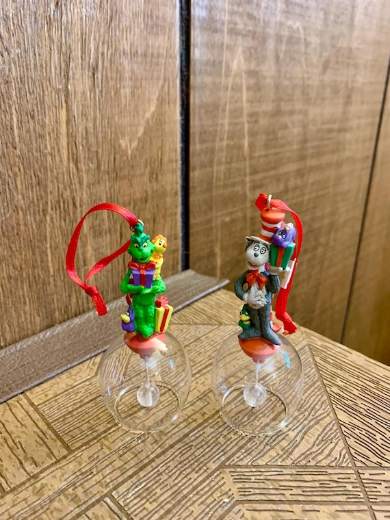 Vintage Pair (2) 90's Dr. Seuss Ornaments by Avon - Grinch & Cat