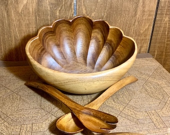 Service à salade en bois Mid-Century