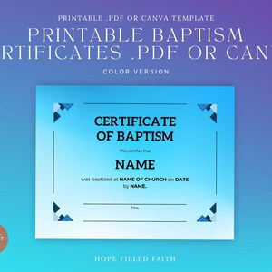 Certificados de bautismo imprimibles para bautizos en la iglesia (PDF + Plantillas editables de Canva) Certificado de bautismo DIY - Edición a color