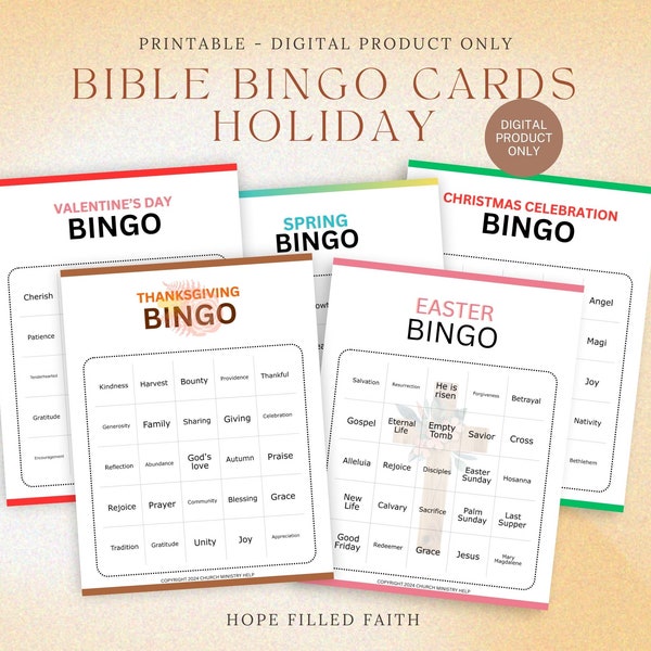 Printable Bible Holiday Themed 5 Game Bingo Set - Easter Thanksgiving Christmas & More - 50 Cards Each Sunday School Church Activity Game