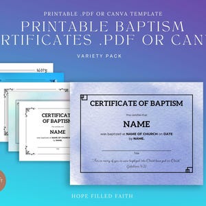 Certificados de bautismo imprimibles en PDF + Plantillas editables de Canva. Certificado de bautismo DIY para iglesia - Paquete variado.