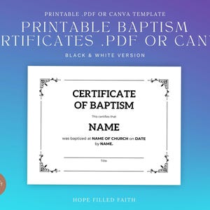 Certificados de bautismo imprimibles para bautizos en la iglesia (PDF + Plantillas editables de Canva) Certificado de bautismo DIY - Edición en blanco y negro