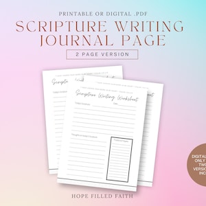 Puede incluir: Descarga PDF imprimible o digital de una página de diario de escritura de las Escrituras de dos páginas. La página del diario tiene un diseño simple con líneas para escribir las Escrituras, los pensamientos y las oraciones.