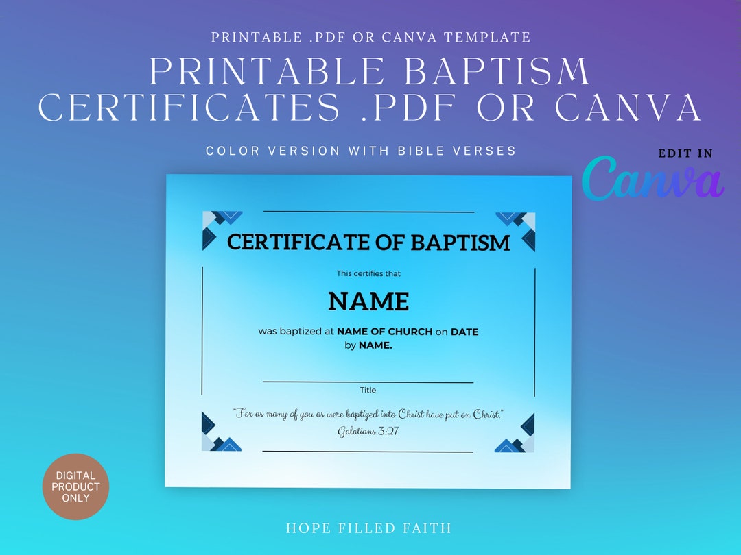Printable Baptism Certificates for .PDF + Editable Canva Templates DIY ...