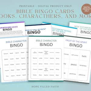 Printable Bible Knowledge 7 Game Bingo Set - Books of the Bible, Bible Character Bingo with 50 Cards Each Sunday School Church Activity Game