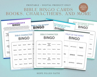 Printable Bible Knowledge 7 Game Bingo Set - Books of the Bible, Bible Character Bingo with 50 Cards Each Sunday School Church Activity Game