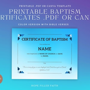 Certificados de bautismo imprimibles en PDF + Plantillas editables de Canva. Certificado de bautismo para iglesia (versión a color con versículos bíblicos).