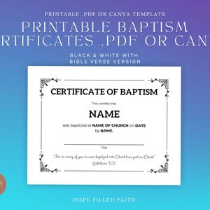 Certificados de bautismo imprimibles en PDF + Plantillas editables de Canva. Certificado de bautismo para iglesia (en blanco y negro con versículos bíblicos).