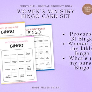 Afdrukbare Women's Ministry 3 gamebingoset - What's in my Purse, Spreuken 31 Woman, Women of the Bible Bingo - 50 kaarten per kerkspel