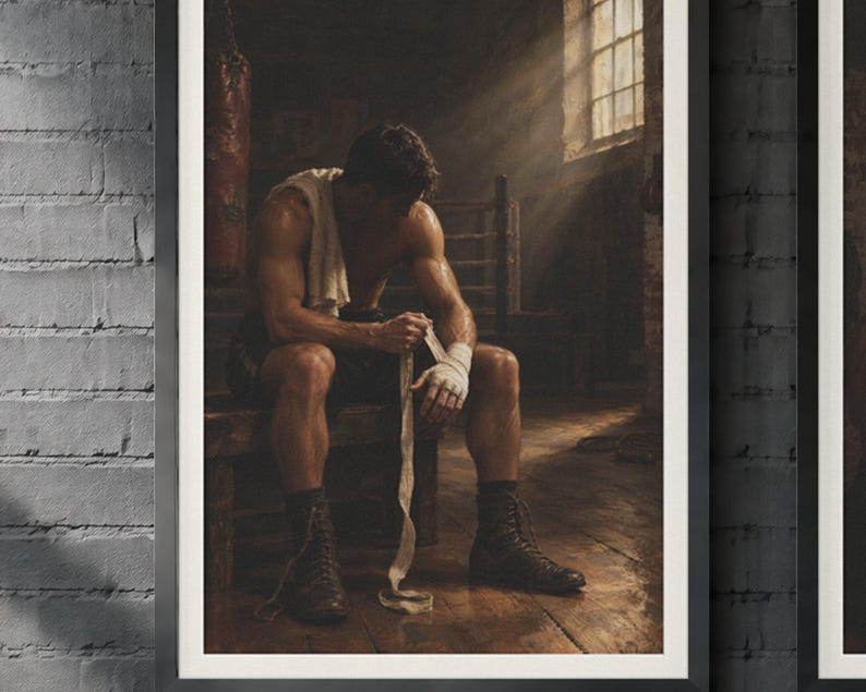Set van 3 olieverfschilderijen met boksthema | Vintage wanddecoratie voor de bokszaal | Decoratie voor de mancave | Printbare digitale download afbeelding 2