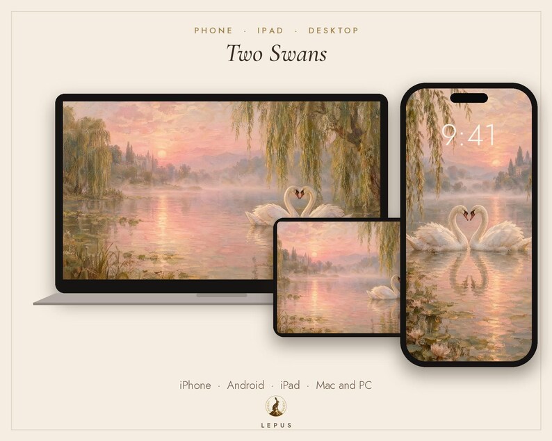 Two Swans Wallpaper | Oil Painting Old Romance Phone, iPad and Desktop Background | Romantic Aesthetic | Digital Download image 3