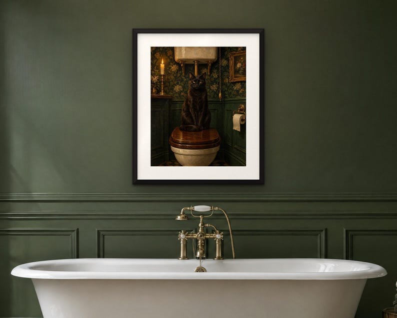 May include: A framed wall art print featuring a black cat sitting on a wooden toilet seat in a dimly lit bathroom. The scene includes a lit candle, floral wallpaper, and a toilet paper roll, all enclosed within a black frame with a white mat.