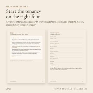 May include: A two-page digital document template for landlords titled First Impressions, Start the tenancy on the right foot. It includes a welcome letter for new tenants and a Good to know information sheet with fields for property details.