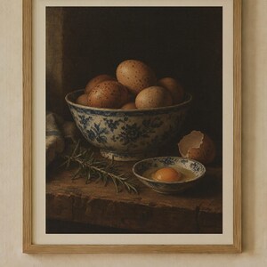 Bowl of Eggs Kitchen Print Set of 2 | Vintage Still Life Oil Painting and Kitchen Rule Quote | Cottage Kitchen Wall Art | Digital Download image 2
