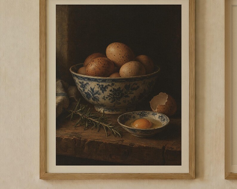 Bowl of Eggs Kitchen Print Set of 2 | Vintage Still Life Oil Painting and Kitchen Rule Quote | Cottage Kitchen Wall Art | Digital Download image 2