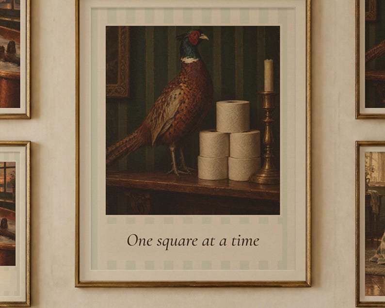 Ensemble de 3 tableaux humoristiques pour salle de bain | Peintures à l'huile vintage d'animaux | Loutre, Faisan, Terrier | Affiches pour salle d'eau | Téléchargement numérique image 2