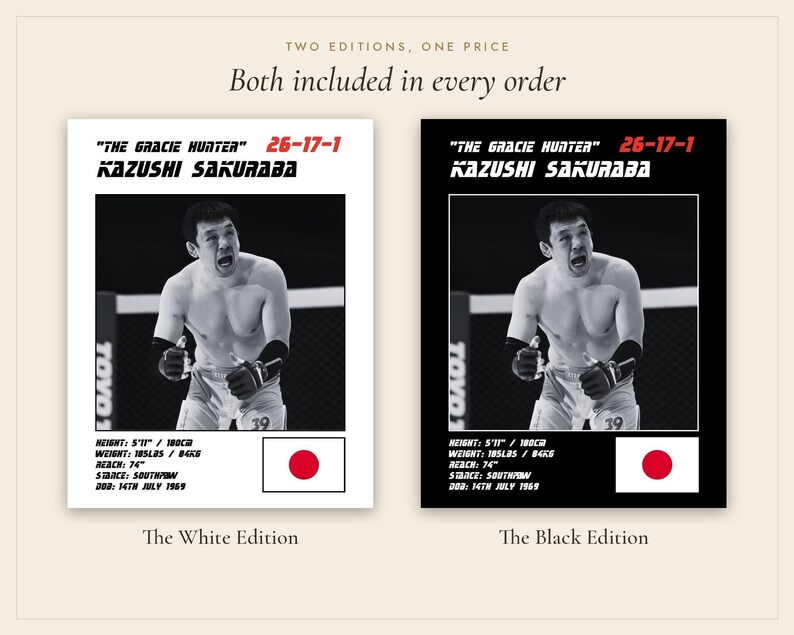 Kazushi Sakuraba MMA Poster | The Gracie Hunter Fight Wall Art Print | Black and White Editions | Digital Download image 5