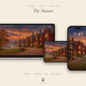 May include: A digital wallpaper set titled The Manor displayed on a laptop, tablet, and smartphone. The screens show a large house with red ivy at sunset. Text includes PHONE, IPAD, DESKTOP, 9:41, iPhone, Android, iPad, Mac and PC, and LEPUS.