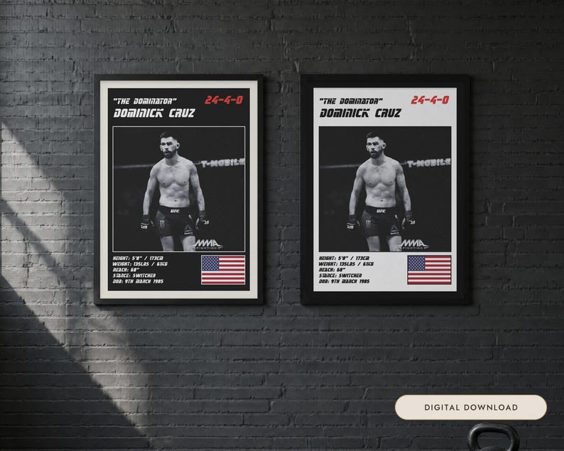 Póster de Dominick Cruz MMA / Lámina decorativa de la pelea "The Dominator" / Ediciones en blanco y negro / Descarga digital imagen 1