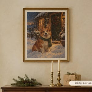Corgi Christmas Print, Vintage Oil Painting, Corgi Gift (Digital Download)