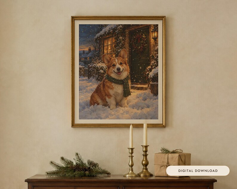 Corgi Christmas Print, Vintage Oil Painting, Corgi Gift (Digital Download) image 1
