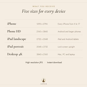May include: A digital chart titled What You Receive Five sizes for every device, listing specifications for iPhone, Phone HD, iPad landscape, iPad portrait, and Desktop 4K with corresponding pixel dimensions and device compatibility notes.