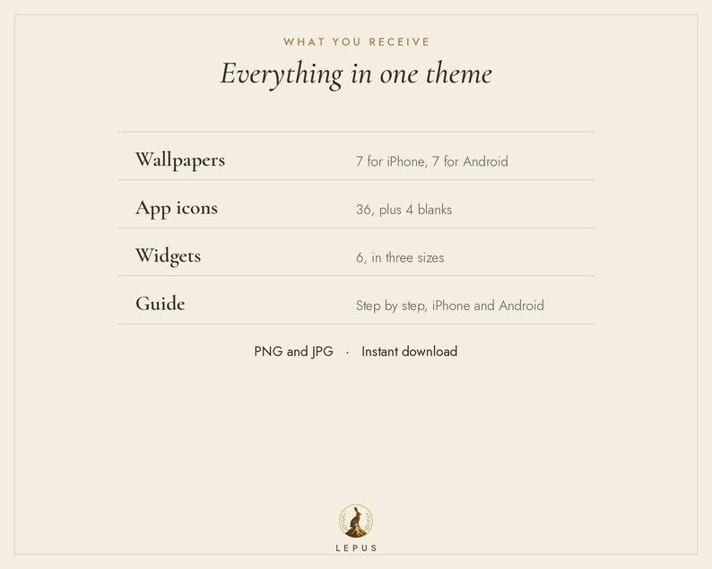 May include: A digital product information graphic with the text: WHAT YOU RECEIVE, Everything in one theme, Wallpapers 7 for iPhone 7 for Android, App icons 36 plus 4 blanks, Widgets 6 in three sizes, Guide Step by step, PNG and JPG.