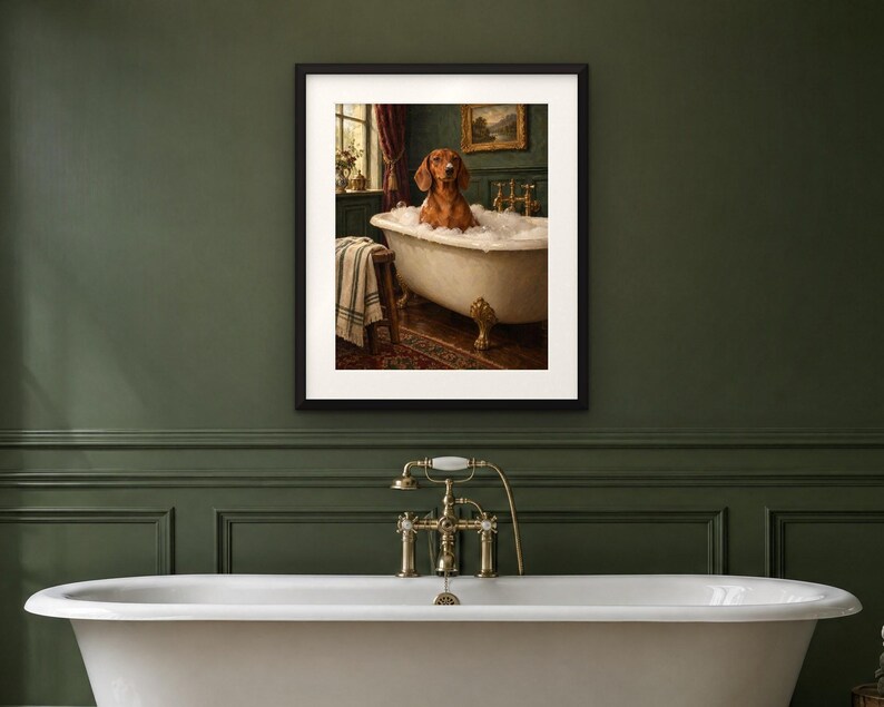 Dachshund Bathroom Wall Art, Funny Vintage Oil Painting Print, Sausage Dog Gift (Digital Download) image 4