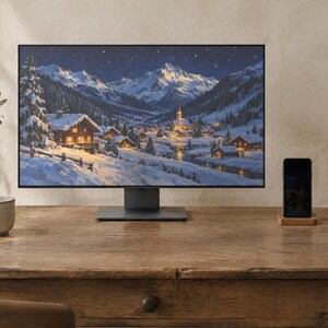 Alpine Village Wallpaper | Oil Painting Winter Phone, iPad and Desktop Background | Alpine Aesthetic | Digital Download image 2