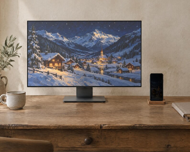 Alpine Village Wallpaper | Oil Painting Winter Phone, iPad and Desktop Background | Alpine Aesthetic | Digital Download image 2
