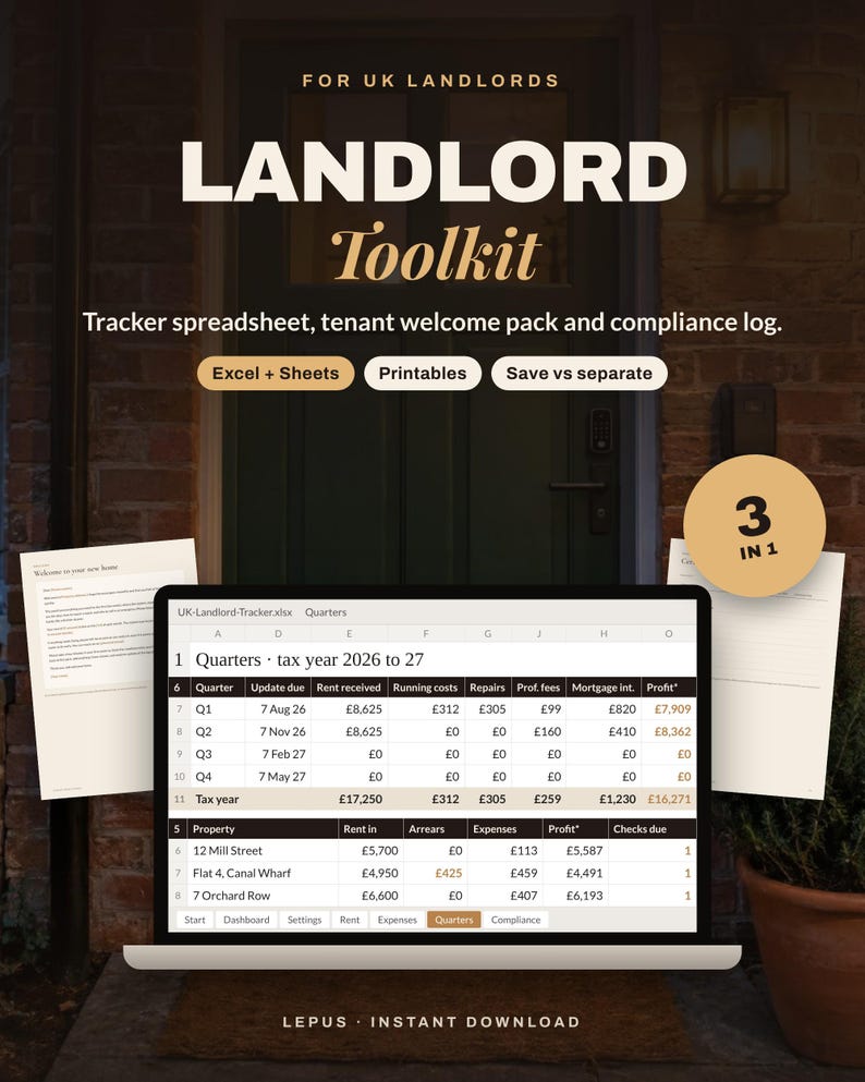 May include: A digital landlord toolkit for UK landlords featuring a tracker spreadsheet, tenant welcome pack, and compliance log. The display shows a laptop screen with a tax year 2026 to 27 spreadsheet, labeled Excel + Sheets, Printables, and 3 IN 1.
