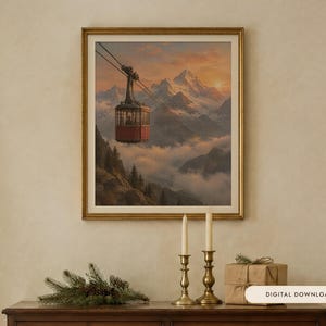 Red Cable Car Print, Vintage Alpine Oil Painting, Ski Wall Art (Digital Download)