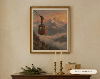 Red Cable Car Print, Vintage Alpine Oil Painting, Ski Wall Art (Digital Download)
