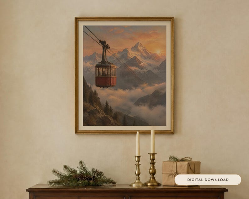 Red Cable Car Print, Vintage Alpine Oil Painting, Ski Wall Art (Digital Download) image 1