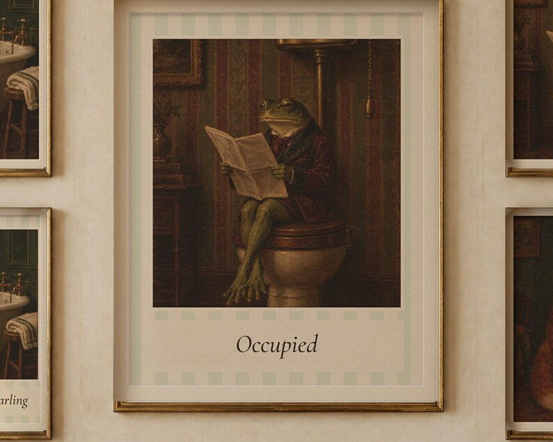 Funny Bathroom Wall Art Set of 3 | Vintage Animal Oil Paintings | Hare, Frog, Fox | Powder Room Prints | Digital Download image 2