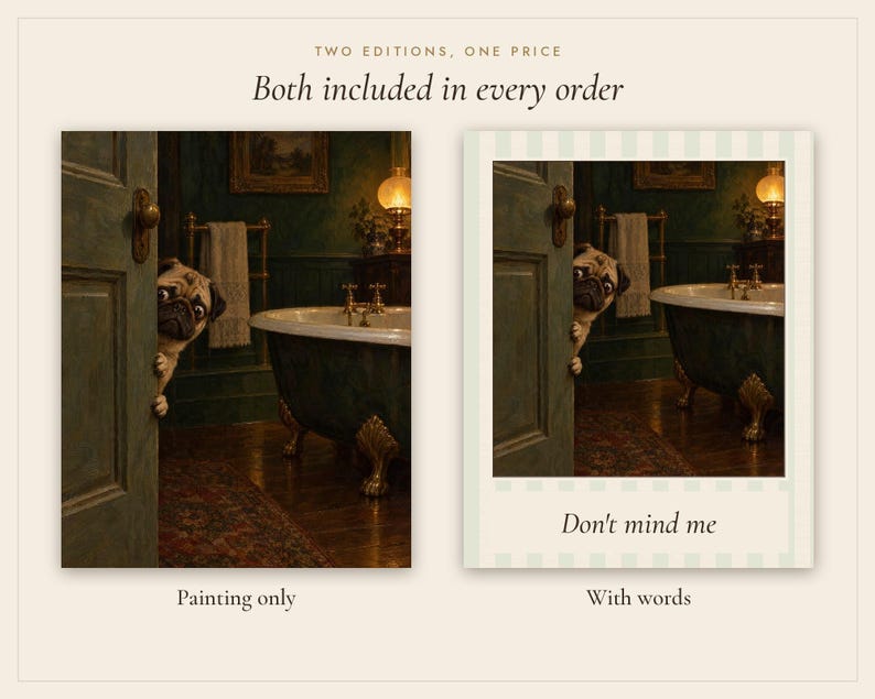 Pug Bathroom Wall Art, Funny Peeking Dog Oil Painting Print (Digital Download) image 3