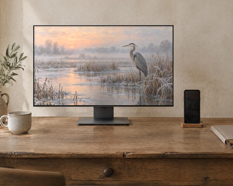May include: A computer monitor displaying a landscape painting of a heron standing in a frosty marsh at sunrise. The monitor has a thin black frame and a dark gray stand, positioned on a wooden desk next to a smartphone and a ceramic mug.