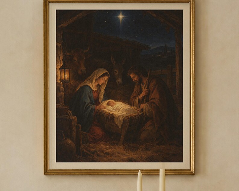 Nativity Print, Vintage Christmas Oil Painting, Christian Wall Art (Digital Download) image 2
