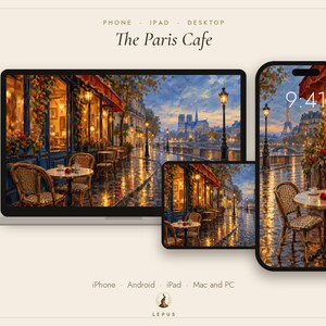 May include: A digital wallpaper set titled The Paris Cafe displayed on a laptop, tablet, and smartphone. The artwork features a rainy Parisian street scene with a cafe, outdoor seating, and the Eiffel Tower in the distance at dusk.