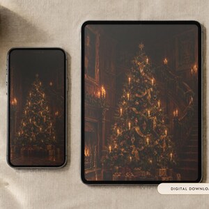 Christmas Tree Wallpaper | Oil Painting Christmas Phone, iPad and Desktop Background | Cozy Victorian Christmas Aesthetic | Digital Download image 1