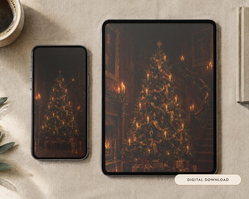 Christmas Tree Wallpaper | Oil Painting Christmas Phone, iPad and Desktop Background | Cozy Victorian Christmas Aesthetic | Digital Download image 1