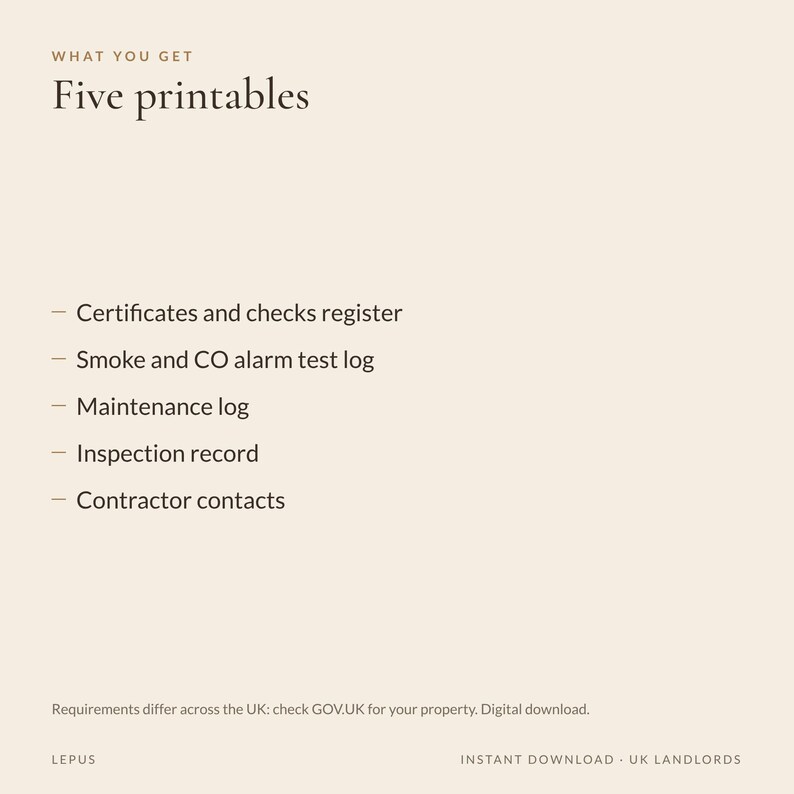 Landlord Compliance Log Printable | Gas Safety, EICR and EPC Certificate Tracker, Maintenance Log, Property Inspection Form | UK image 4
