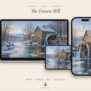 Winter Phone Wallpaper, Frozen Mill Oil Painting | Snowy Christmas iPhone, iPad and Desktop Background | Digital Download image 3