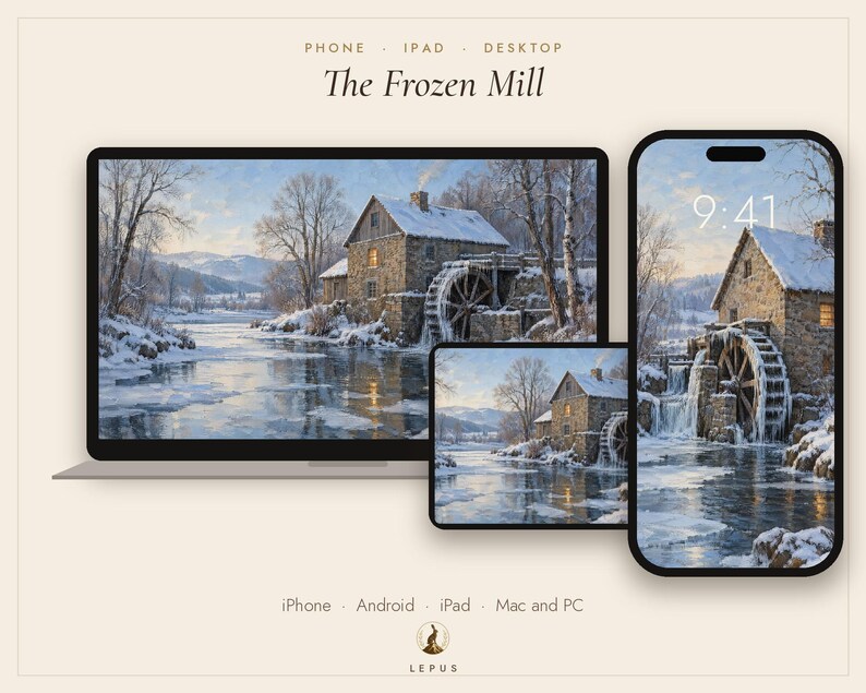 Winter Phone Wallpaper, Frozen Mill Oil Painting | Snowy Christmas iPhone, iPad and Desktop Background | Digital Download image 3