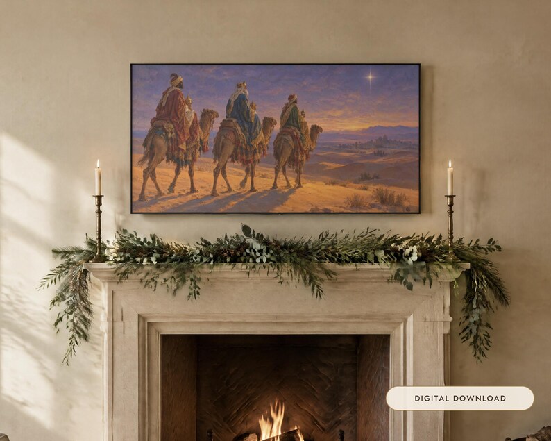 Frame TV Art: De Drie Koningen, Christelijk kerstschilderij in olieverf (digitale download) afbeelding 1